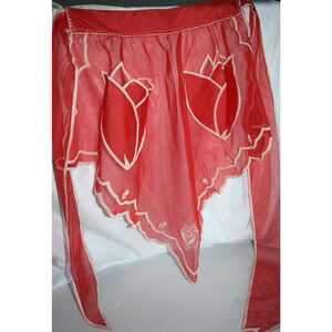Vtg 50's Sheer Waist Apron Tulip Pockets Flocked White Trim Retro Traditional
